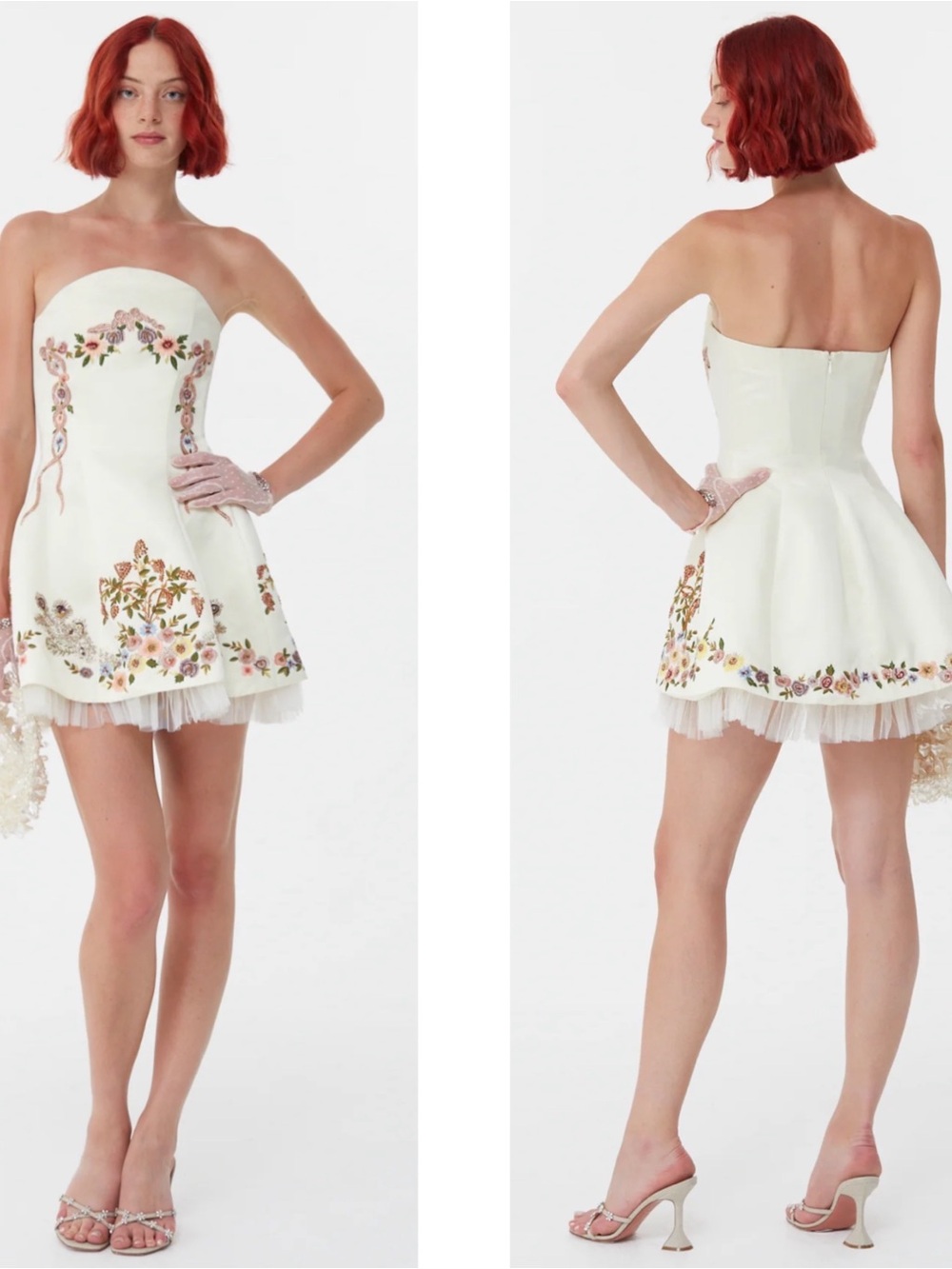 CLIO PEPPIATT Peacock Strapless Floral Embroidered Embellished Mini Dress Sz S